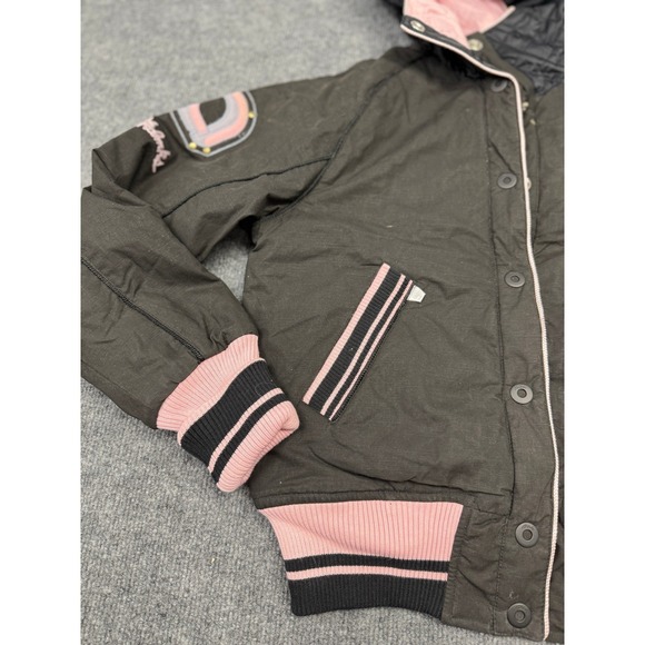 Akdmks Vintage Black Pink Quilted Hooded Bomber Jacket‎ Varsity Style Women's M - Picture 4 of 14